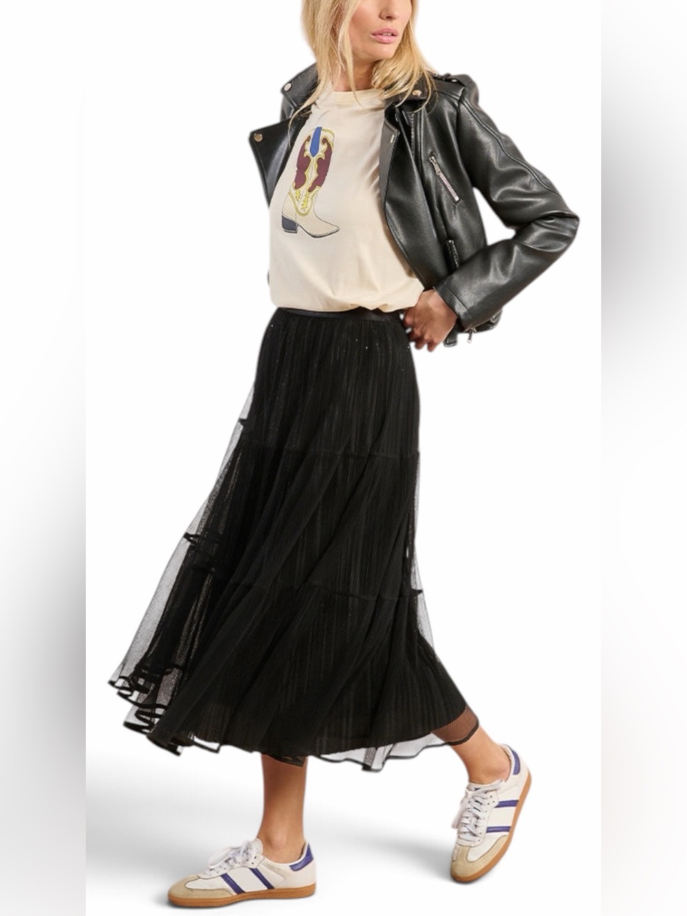 Molly Bracken – Tiered Ruffle Tulle Midi Skirt – Black – Sz. S/M